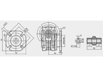 Dimensiones externas de motorreductores de tornillo sin fin serie RV