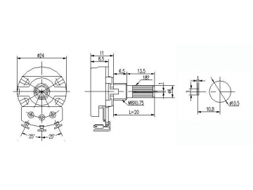 Potenciómetro rotatorio 24mm de eje aislado, WH0241