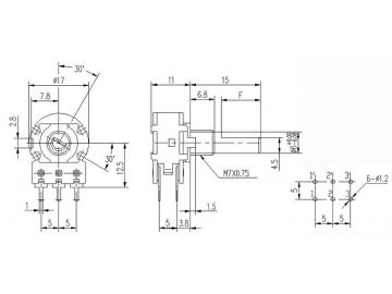 Potenciómetro rotatorio 16mm de eje metal, WH148-1B-2-F