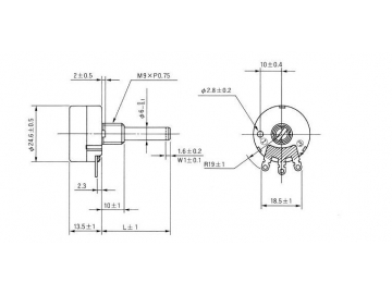 Potenciómetro rotatorio 24mm de eje metal, RV24YN20S