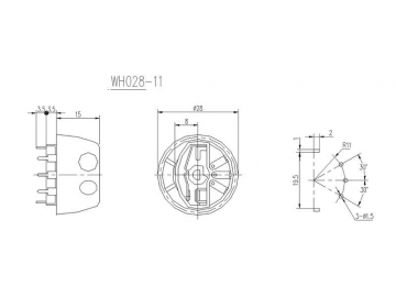 Potenciómetro con switch 28mm de eje metal, 10k ohm, WH028-11