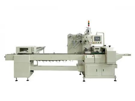 Envasadora horizontal flow pack SF-N sin bandeja para galletas en posición vertical