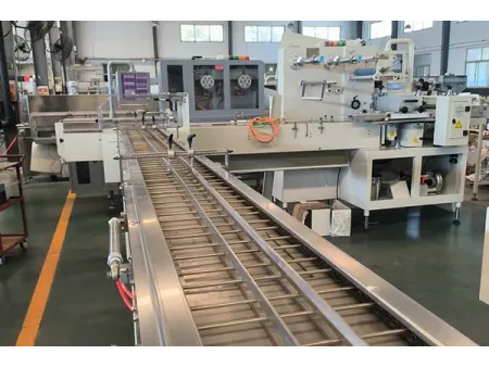 Envasadora horizontal flow pack SF-G sin bandeja con doble canal para galletas en posición vertical