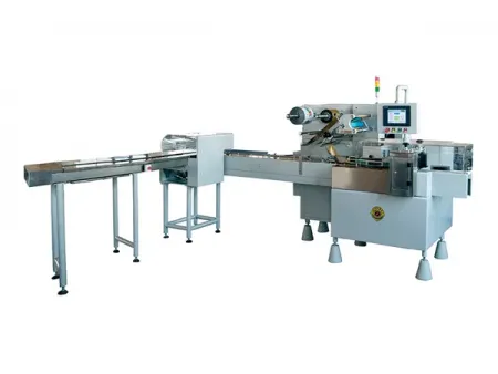 Envasadora horizontal flow pack SF-G sin bandeja con sistema multiservo para galletas en posición vertical